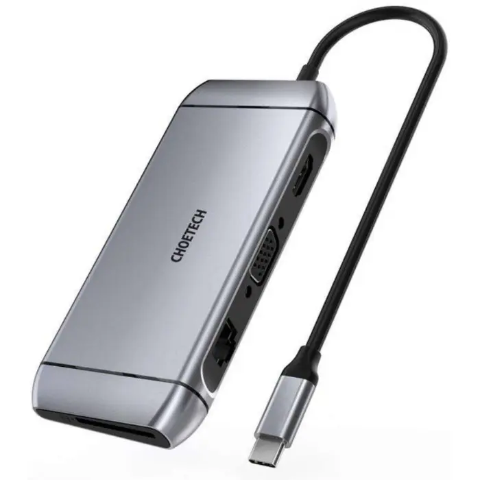Adaptador HUB 9 en 1 Choetech USB-C con 1 HDMI / 1 VGA / 1 LAN / 3 USB 3.0/ 1 SD / 1 Micro SD y 1 USB-C PD 100W HUB-M15