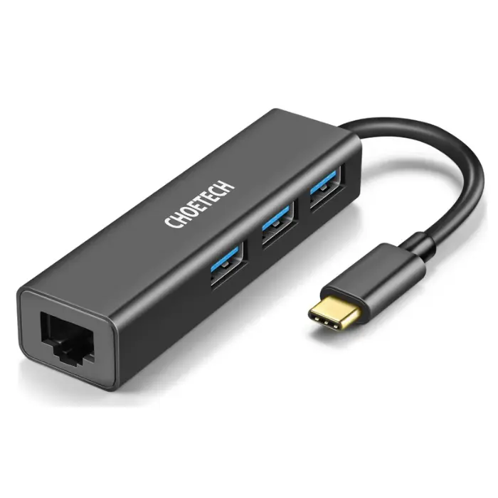 Adaptador HUB Choetech 4 en 1 USB-C con 1 Puerto LAN y 3 Puertos USB 3.0 HUB-U02