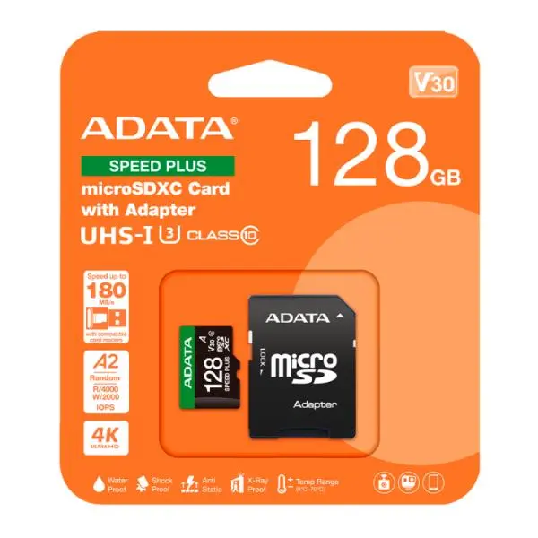 Memoria Micro SDXC Adata Speed Plus 128GB Con Adaptador UD128GUI3V30A2SP-RA1