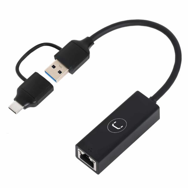 ADAPTADOR 2 EN 1 UNNO TEKNO AD3007BK USB-A USB-C DUAL A GIGABIT ETHERNET 10M/100M/1GBPS