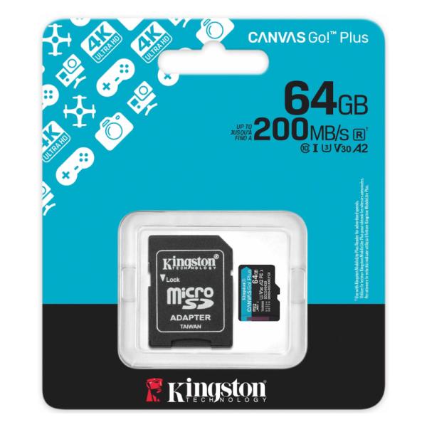 MEMORIA MICRO SD 64GB KINGSTON SDCG4/64GB CLASE 10 UHS-I V30 200 MB/S / 100 MB/S PARA DRONES Y CAMARAS DEPORTIVAS