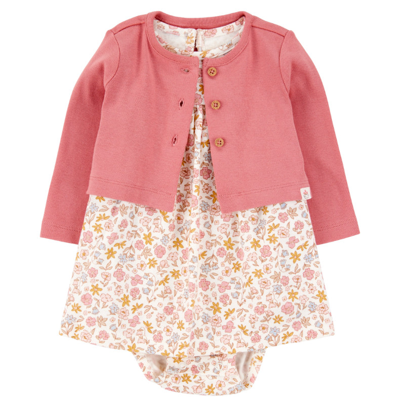 Conjunto vestido floral con cardigan para bebé 🌸🩷