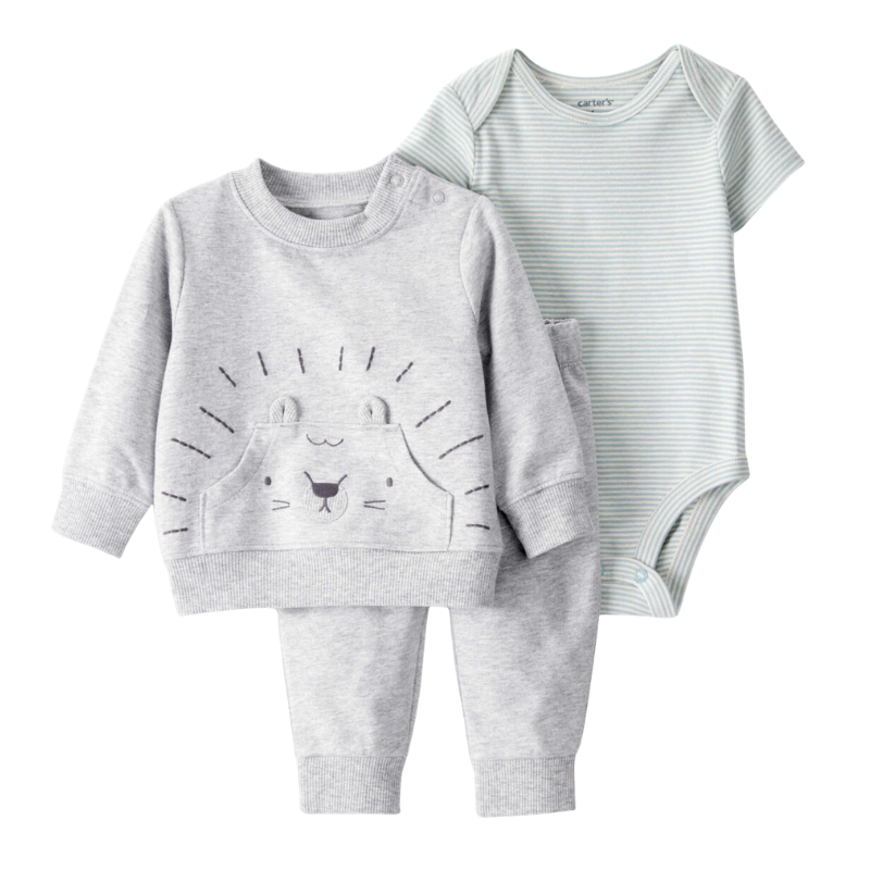Conjunto 3 piezas suéter gris con león, body rayado y pantalón