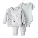 Conjunto 3 piezas suéter gris con león, body rayado y pantalón