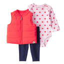 Conjunto 3 piezas chaleco acolchado rojo, body corazones y leggings