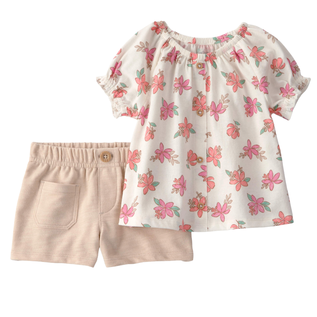 Conjunto short beige con blusa floral