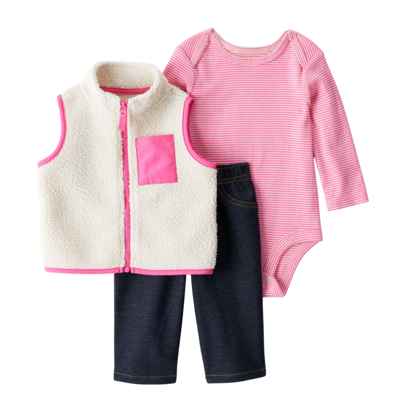 Conjunto 3 piezas chaleco tipo peluche, body rosado y pantalón estilo denim