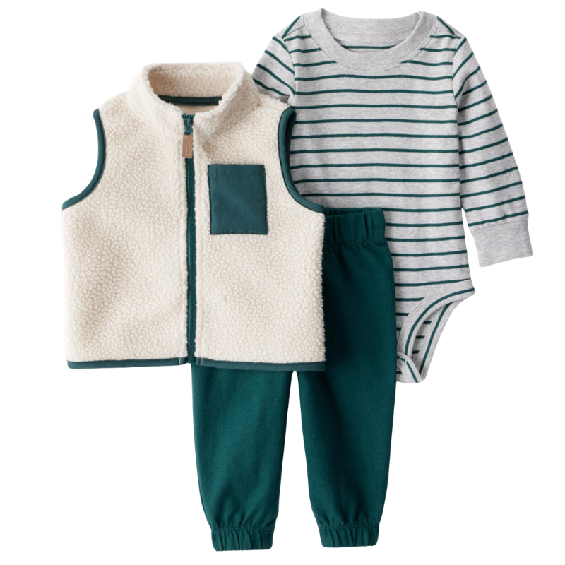 Conjunto 3 piezas chaleco tipo peluche, body verde y jogger