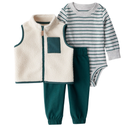 Conjunto 3 piezas chaleco tipo peluche, body verde y jogger
