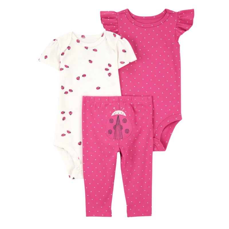 Conjunto 3 piezas bebé niña mariquitas rosado 🐞
