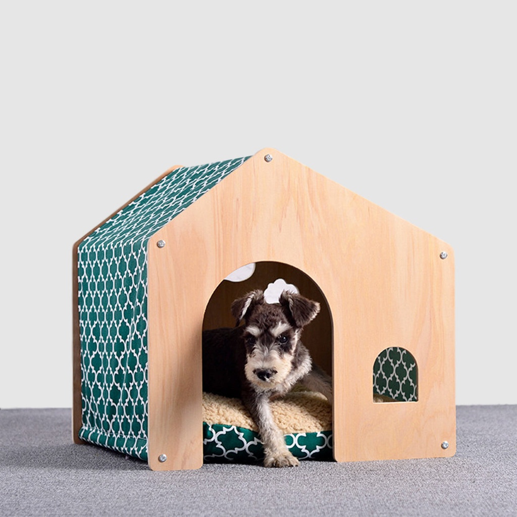 Casa de Madera La Gotera con Cama para Mascotas Mostaza CAS202-1