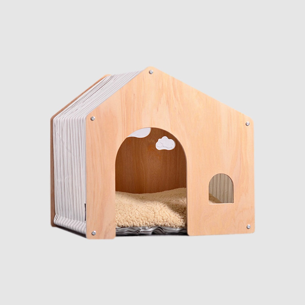 Casa de Madera con Cama para Mascotas rayitas café CAS202-3