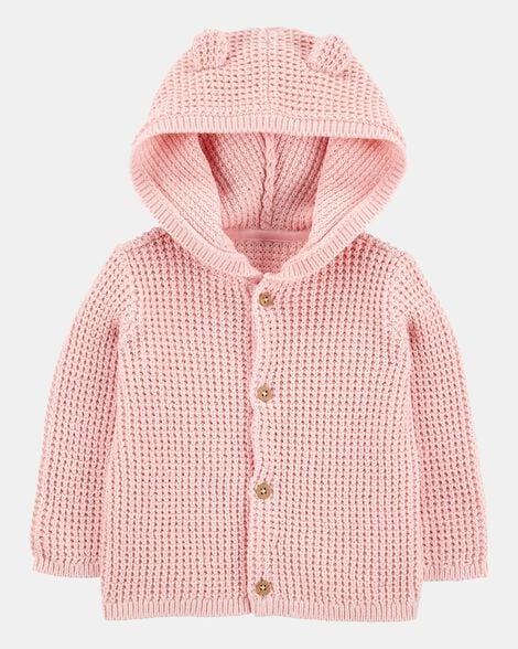 Cardigan tejido con capucha rosado para bebé