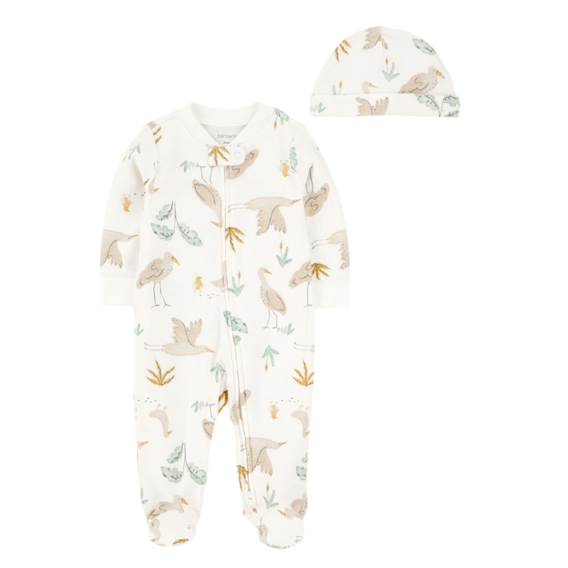 Pijama de dos  piezas para bebito con zipper de doble vía y gorrito