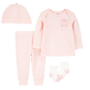 Conjunto de 4 piezas para bebita con blusa, pantalón, gorrito y medias de algodón