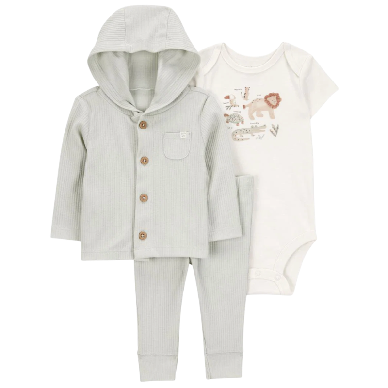 Set de 3 piezas con pantalón, body y abrigo con gorro para bebé