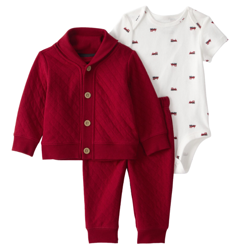 Set de 3 piezas con cárdigan acolchado, mameluco y pantalón para bebé