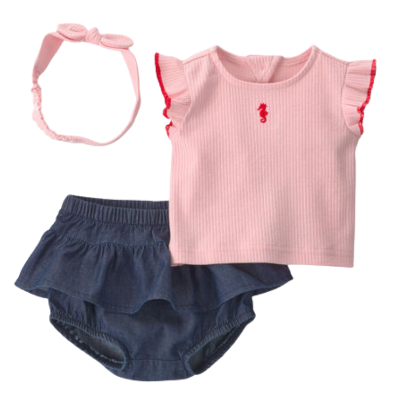 Conjunto de 3 piezas con blusa, short y bincha para bebita