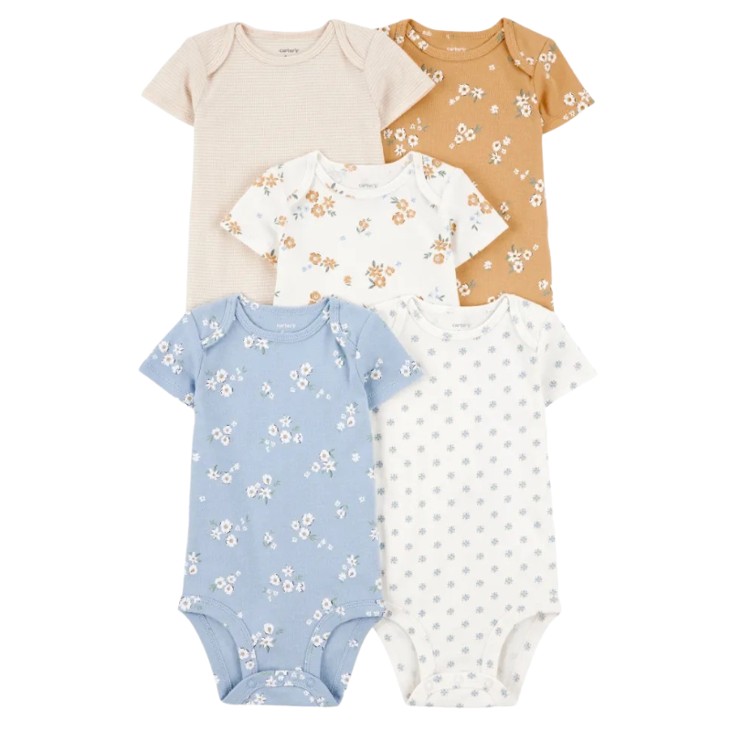 Set de 5 mamelucos manga corta florales para bebita