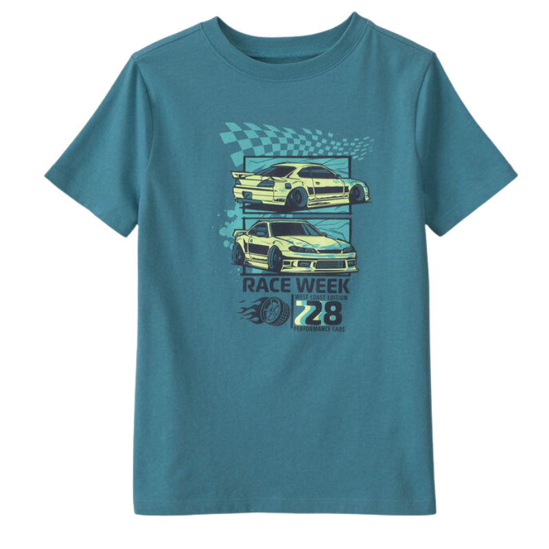 Camiseta manga corta con estampado de autos deportivos para niño