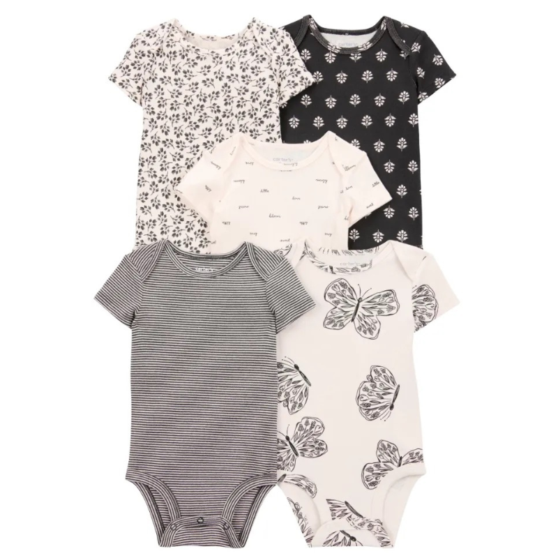 Set de 5 mamelucos estampados de manga corta para bebita