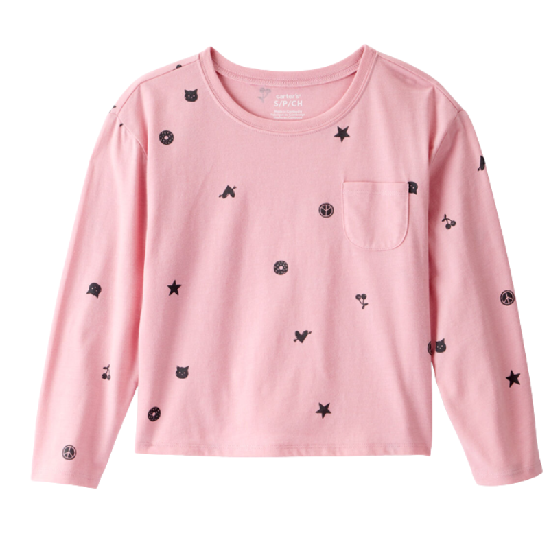 Blusa rosada de manga larga con estampado para niña