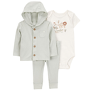 Conjunto de 3 piezas con cardigan con gorro, mameluco de animalitos y pantalón para bebito