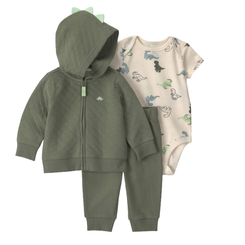 Conjunto 3 piezas dinosaurios con abrigo y pantalón verde