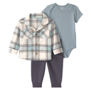Conjunto 3 piezas con abrigo estilo camisa de cuadros, mameluco y pantalón para bebito