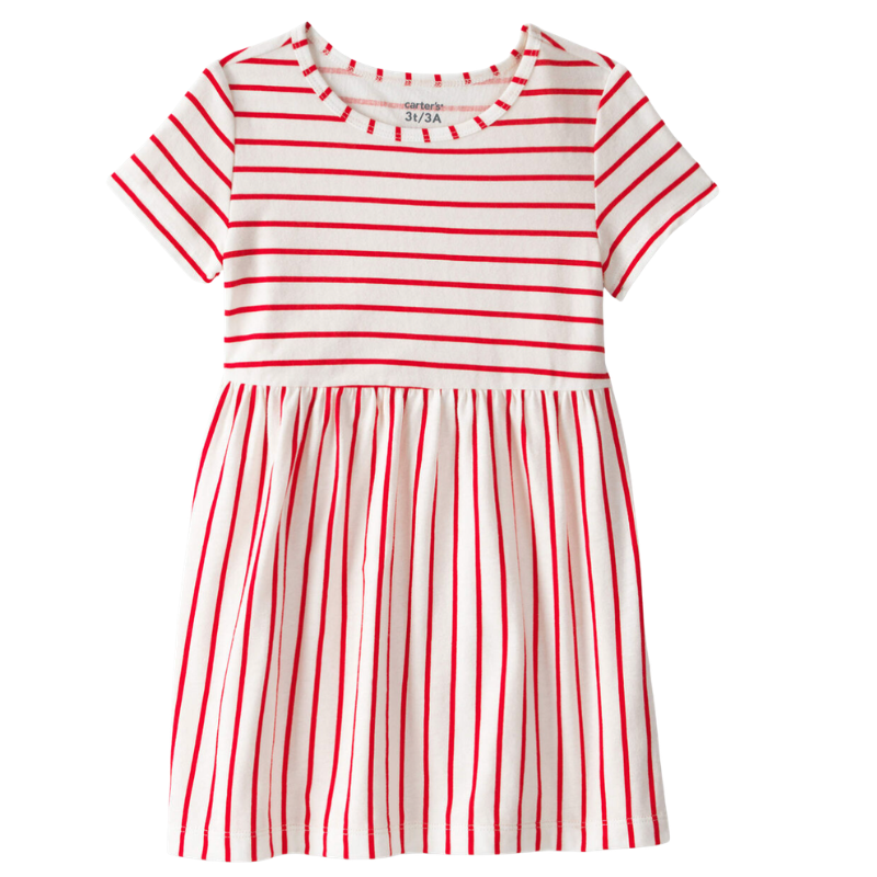 Vestido de rayas rojo y marfil para niña