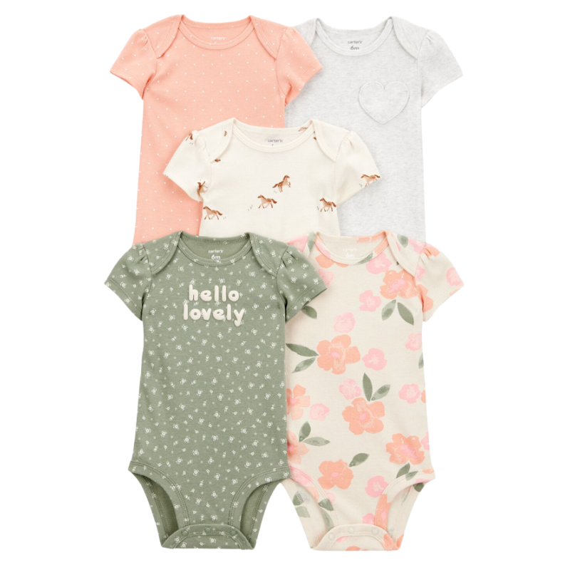 Set de 5 Bodys para Bebita – Flores y Caballitos 🌸