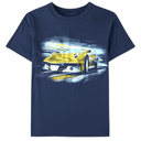 Camiseta azul con carro de carreras para niño