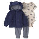 Conjunto 3 piezas con abrigo tipo peluche de osito, mameluco y pantalón para bebito